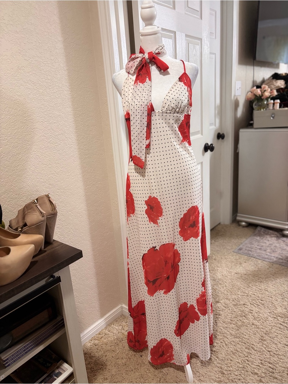 Altar'd State White Maxi Dress with Red Floral Print and Neck Tie